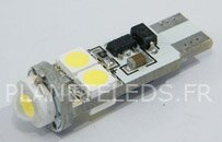 Ampoule T10 CANBUS 4 Leds SMD5050 + 1 leds HP 1W Blanches