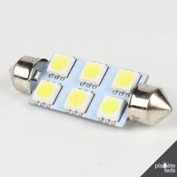 Eclairage LED pour voiture et moto : Ampoule Led Navette 41mm 6 Led SMD5050 120° Blanche 6V