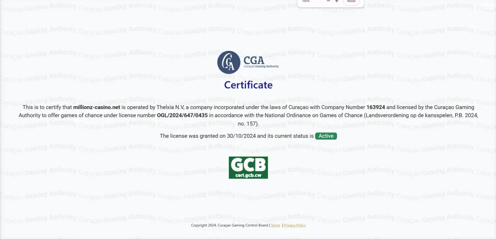 millionz-casino-curacao-license-certificate